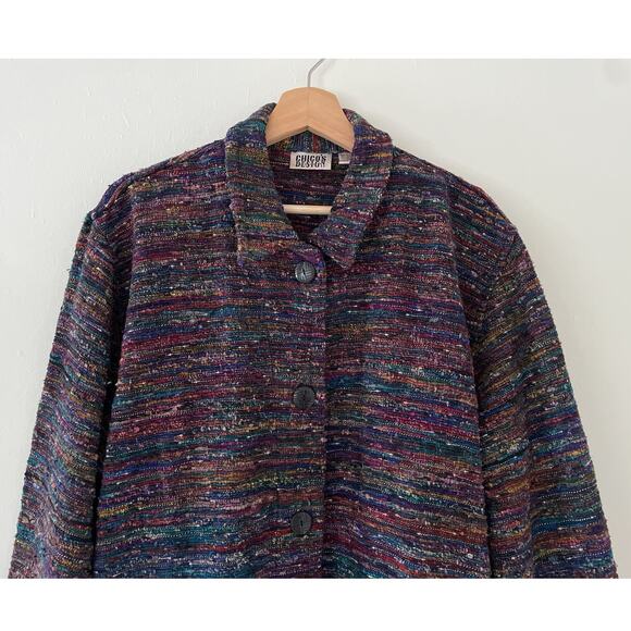 Vtg 90's CHICOS Multicolored Button Up Woven Silk Jacket Sz 3 Natural Fiber - Picture 3 of 7